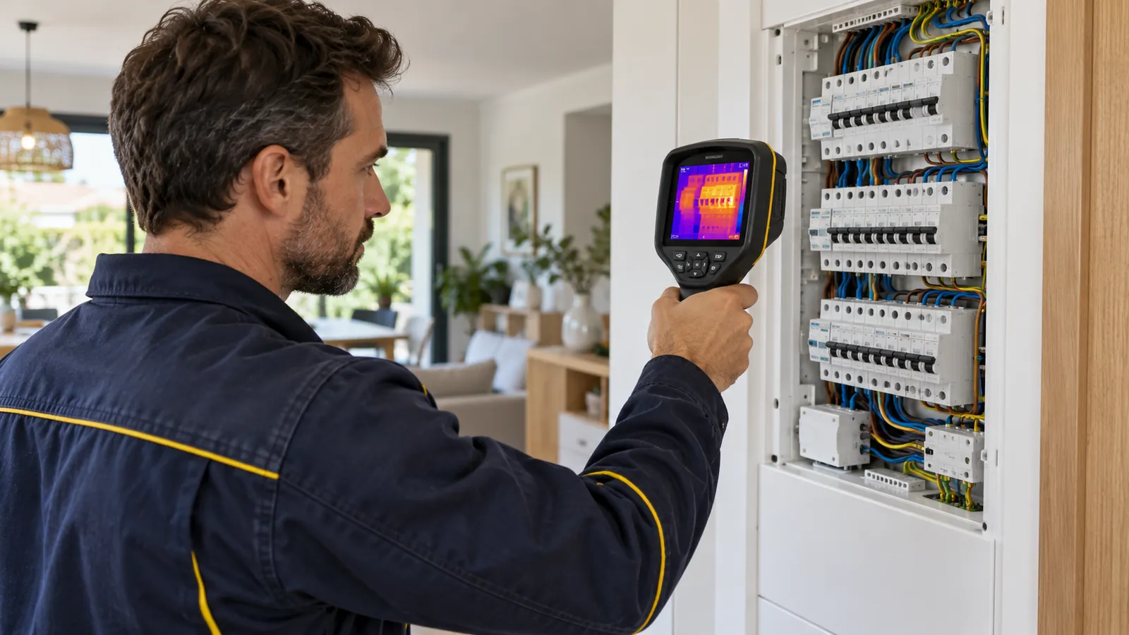Un électricien contrôle un tableau électrique avec une caméra thermique