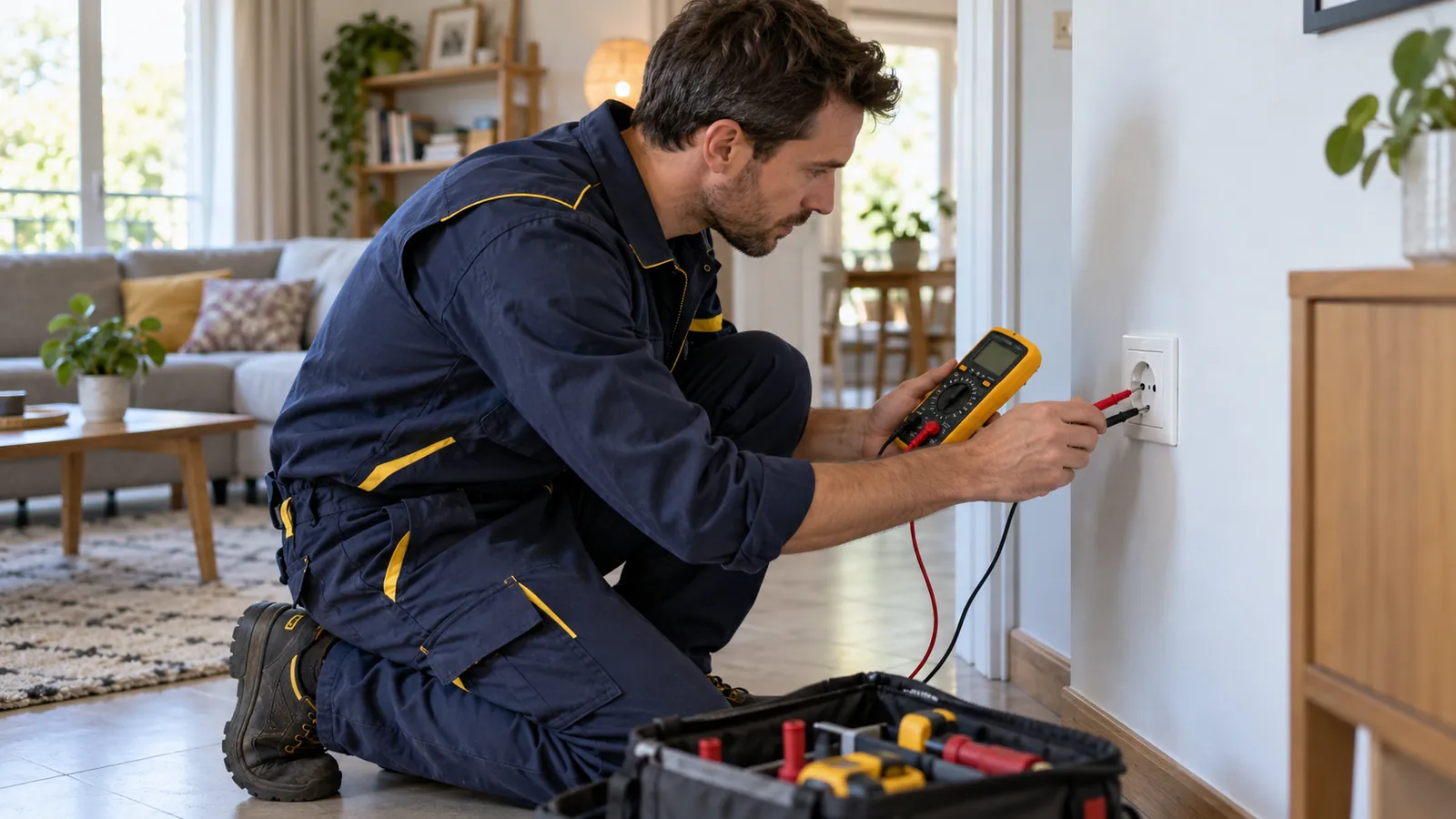Électricien diagnostiquant une prise avec un appareil de mesure