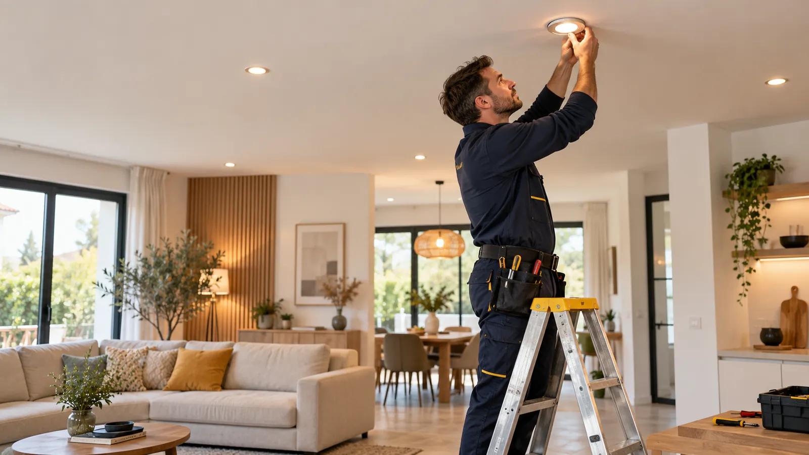 Électricien installant un éclairage dans un logement rénové