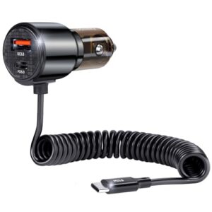 110w retractable car charger, 3‑port cigarette lighter adapter, 5.7 ft retractable usb‑c cable, car charger usb c fast charge for iphone 17/16/15 series, galaxy s25/s24 and more