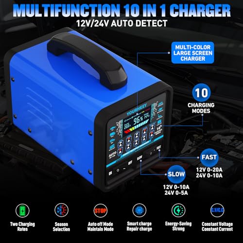 2026 upgraded 12v/24v 0 20a heavy duty battery charger/maintainer with auto shutoff, repair & winter mode, 10 modes & color screen for car, truck, motorcycle, rv, boat, lawn mower, deep cycle chargers