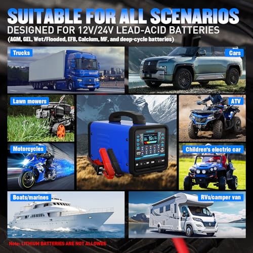 2026 upgraded 12v/24v 0 20a heavy duty battery charger/maintainer with auto shutoff, repair & winter mode, 10 modes & color screen for car, truck, motorcycle, rv, boat, lawn mower, deep cycle chargers
