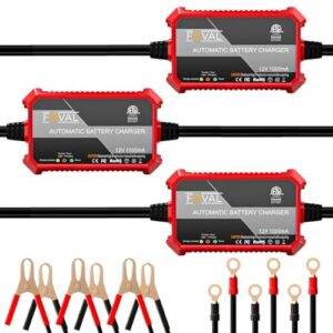 [3 pack] 1000ma car battery charger, foval 12v fully automotive battery charger maintainer, trickle charger, float charger and desulfator for motorcycle, atv car lawn mower and lead acid batteries
