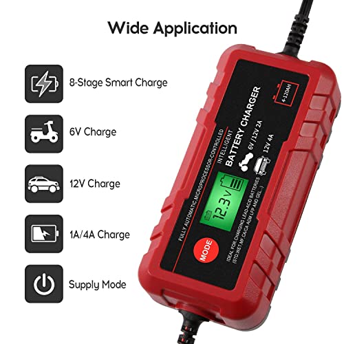 4a smart car battery charger, 6v 12v automotive charger maintainer fully automatic 8 stages trickle charger for automotive motorcycle car battery, portable 4a smart car battery charger 6v 12v