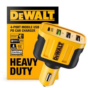 dewalt heavy duty 4 port usb c car charger multiport, fast 60w usb cigarette lighter adapter, pd type c multi car phone charger, cell phone automobile chargers compatible iphone 17/16/15 samsung