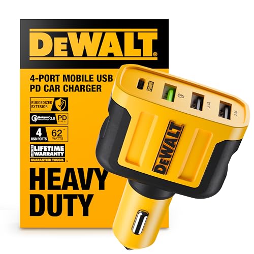 dewalt heavy duty 4 port usb c car charger multiport, fast 60w usb cigarette lighter adapter, pd type c multi car phone charger, cell phone automobile chargers compatible iphone 17/16/15 samsung