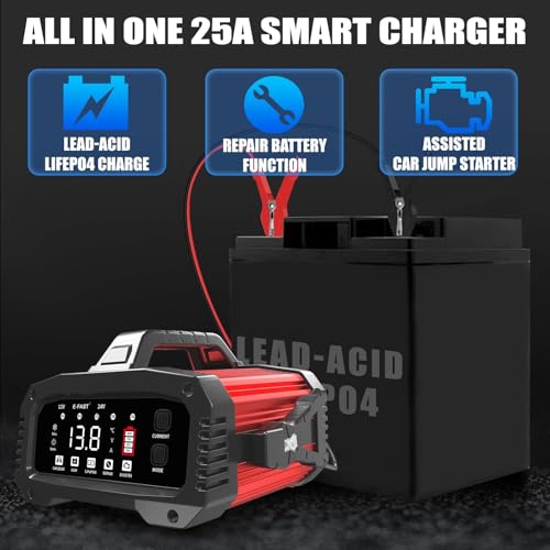 e fast 25a smart car battery charger, 12v/24v automatic automotive battery maintainer & desulfator with 200s booster mode adjustable amp trickle charger for lead acid, agm, gel, lifepo4