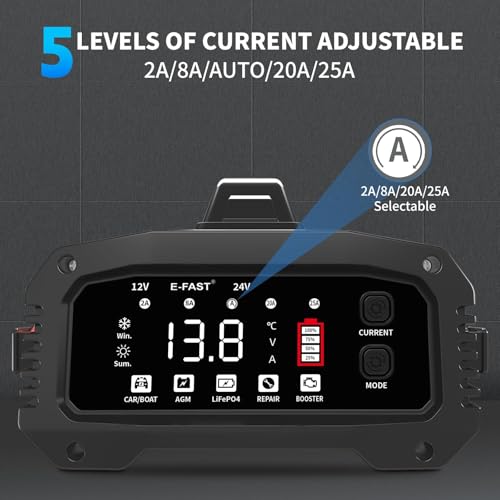 e fast 25a smart car battery charger, 12v/24v automatic automotive battery maintainer & desulfator with 200s booster mode adjustable amp trickle charger for lead acid, agm, gel, lifepo4