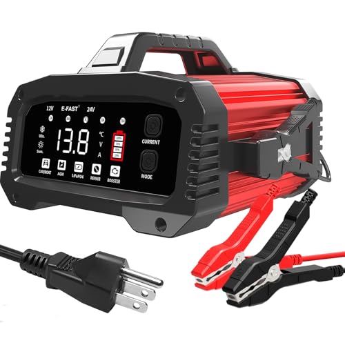 e fast 25a smart car battery charger, 12v/24v automatic automotive battery maintainer & desulfator with 200s booster mode adjustable amp trickle charger for lead acid, agm, gel, lifepo4