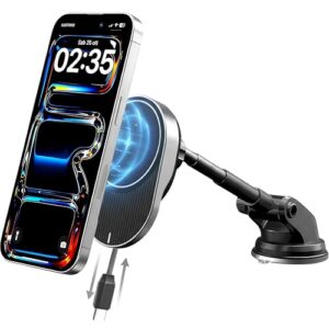 ijs magnetic wireless car charger with built in retractable cable – extendable windshield & dashboard phone mount – 15w magsafe compatible – fast charging for iphone 17/16/15/14/13/12, samsung, pixel