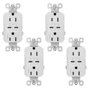 legrand radiant r26usbpdw 15 amp tamper resistant decorator duplex receptacle outlet with fast usb c/c 6.0a charging ports plus 30w power delivery, white (4 pack)