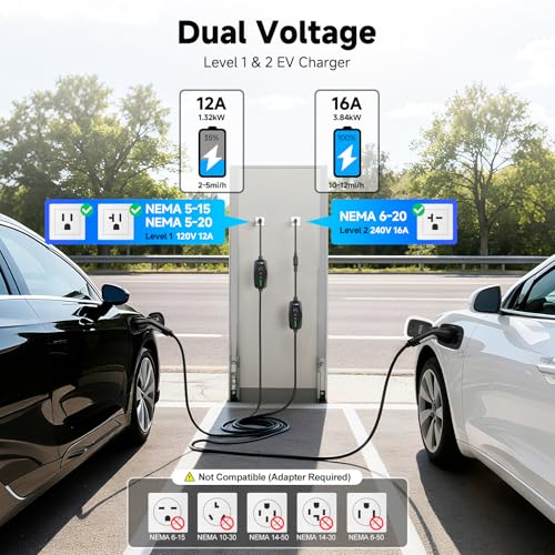 level 1&2 ev charger 16amp adjustable current home charging station with 110v 240v nema 6 20 plug & 5 15 adapter, 25ft cable portable electric vehicle car charger, sae j1772 charging station for home