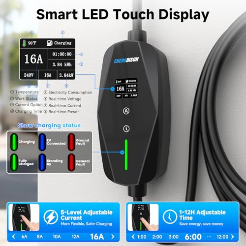 level 1&2 ev charger 16amp adjustable current home charging station with 110v 240v nema 6 20 plug & 5 15 adapter, 25ft cable portable electric vehicle car charger, sae j1772 charging station for home