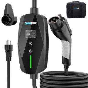 level 1&2 ev charger 16amp adjustable current home charging station with 110v 240v nema 6 20 plug & 5 15 adapter, 25ft cable portable electric vehicle car charger, sae j1772 charging station for home
