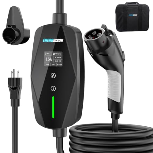 level 1&2 ev charger 16amp adjustable current home charging station with 110v 240v nema 6 20 plug & 5 15 adapter, 25ft cable portable electric vehicle car charger, sae j1772 charging station for home