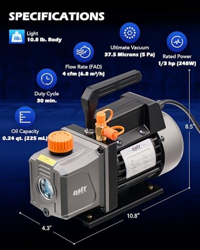 orion motor tech vacuum pump, 4 cfm 1/3 hp hvac single stage vacuum pump for r12 r22 r134a r410a r502, auto ac vacuum pump kit for automotive air conditioner resin degassing & more, oil included