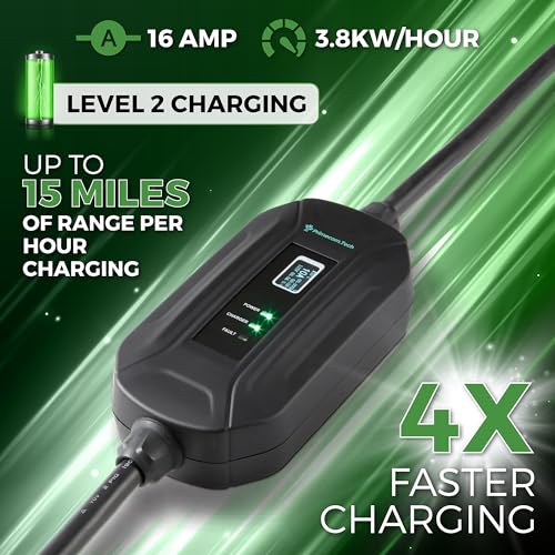 primecom level 2 electric vehicle (ev) charger (220v / 240volt, 16amp) portable evse smart electric car charger, 30', 40', and 50 feet lengths (nema 10 30p, 35 feet)