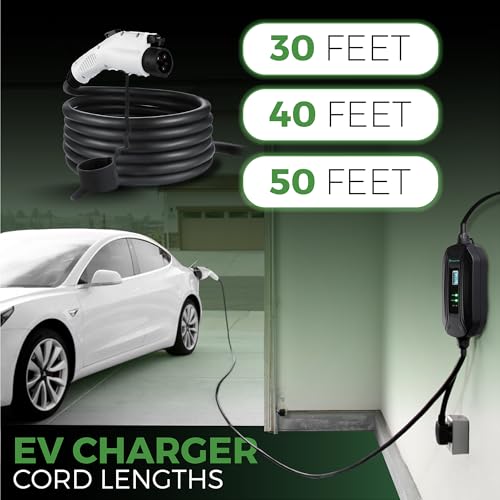 primecom level 2 electric vehicle (ev) charger (220v / 240volt, 16amp) portable evse smart electric car charger, 30', 40', and 50 feet lengths (nema 10 30p, 35 feet)