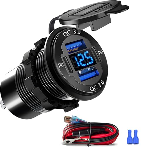 upgraded 4 port 12v usb outlet, 78w dual pd & qc aluminum alloy usb ports with led voltmeter waterproof for cars, cigarette lighter replacement 12v socket for boats rv trucks and motorcycles
